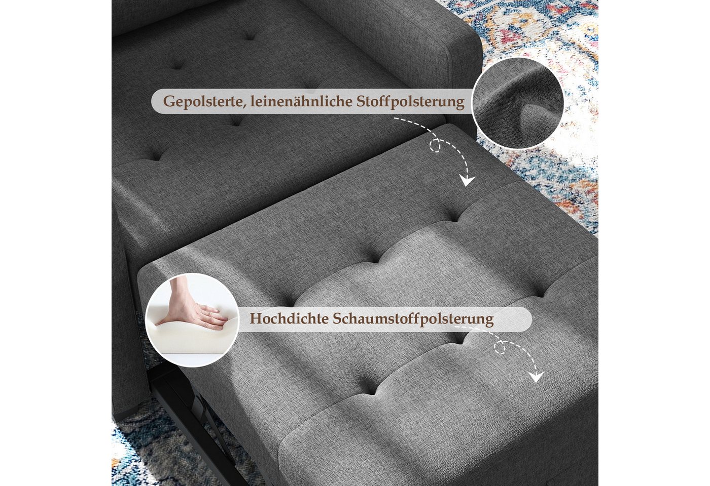 OUNUO Sofa Schlafsofa Klein 3 in 1, Klappsofa & Schlafhocker mit Bettfunktion – Bild 4 von 5