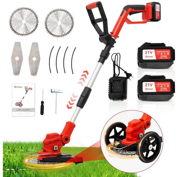 OUTIGO Akku-Rasentrimmer, Wiederaufladbarer, Akku-Rasentrimmer mit 2* 4000mAh, Rädern, 2-in-1-Rasenmäher Kantenschneider, 3 Arten Klingen, Teleskop-Stiel