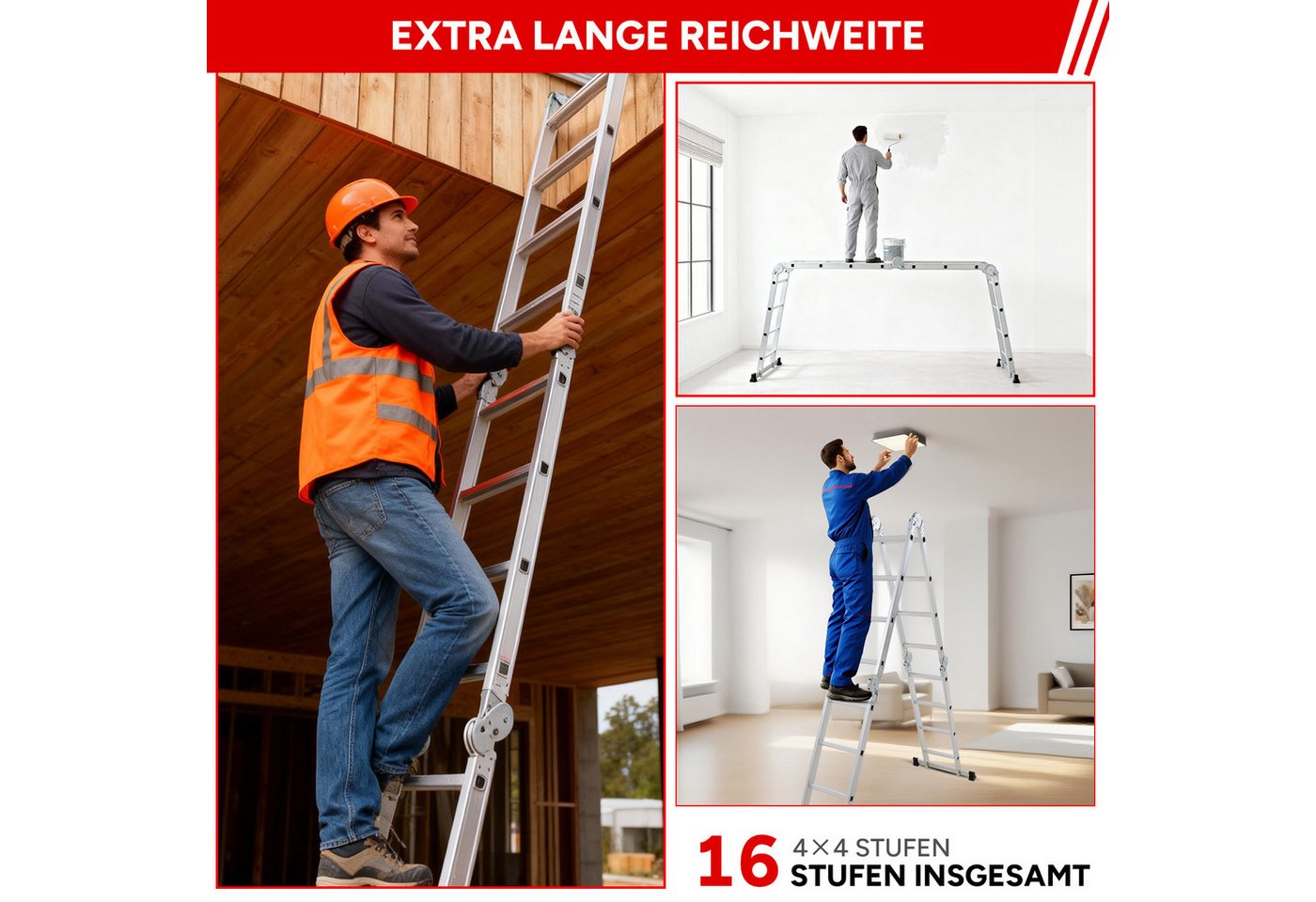 OUTIGO Vielzweckleiter,Aluminium Multifunktionsleiter, 7in1, Sicherheitsschloss (4x3/4x4/4x5 verschiedene Spezifikationen), 7in1 Aluminium Multifunktionsleiter, – Bild 3 von 5