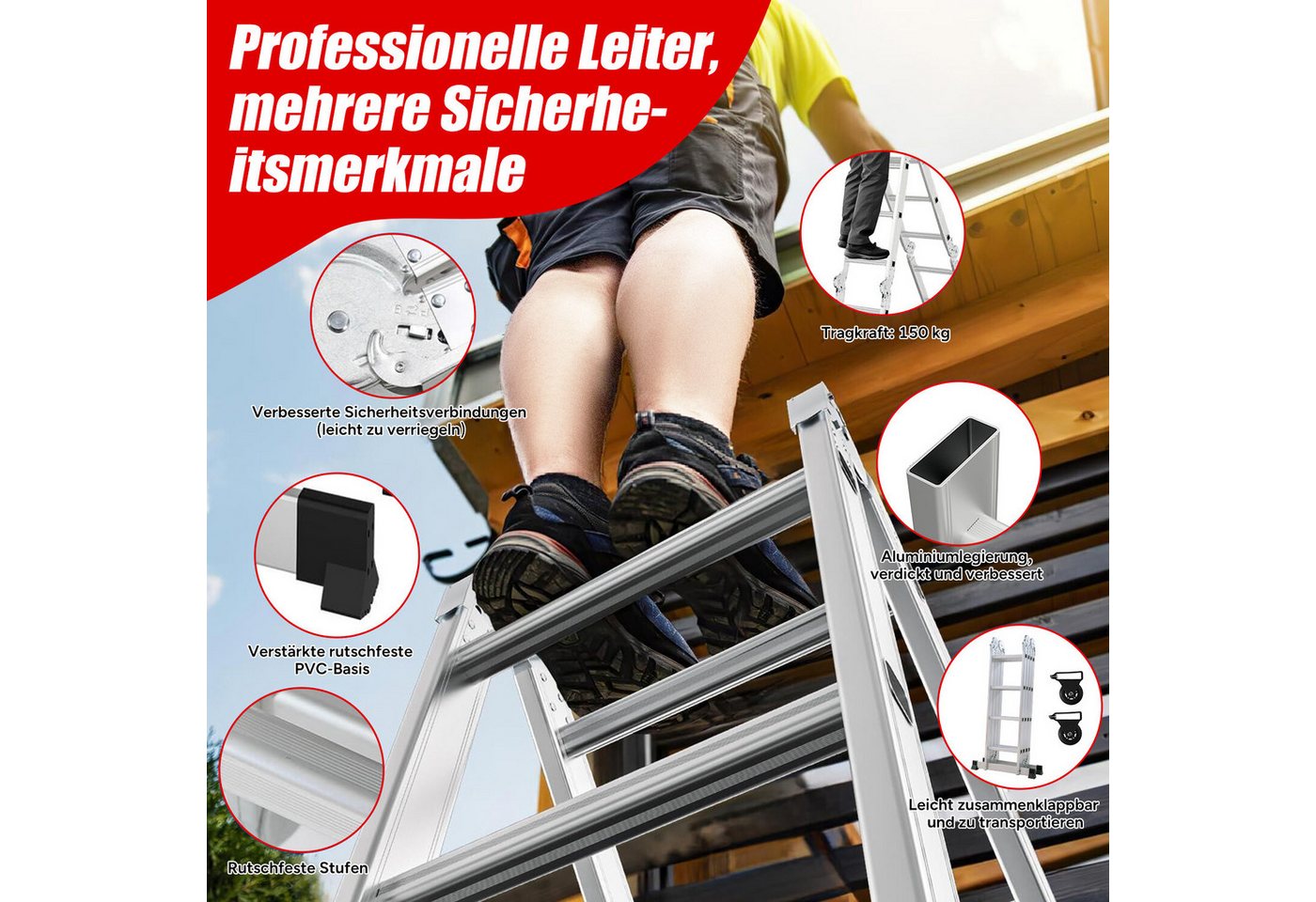 OUTIGO Vielzweckleiter,Aluminium Multifunktionsleiter, 7in1, Sicherheitsschloss (4x3/4x4/4x5 verschiedene Spezifikationen), 7in1 Aluminium Multifunktionsleiter, – Bild 5 von 5