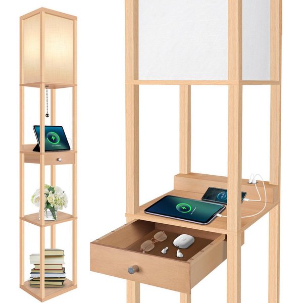 OUTON LED Stehlampe LED-Stehleuchte, Regal mit Schublade, mit 1 USB-A und 1 USB-C, LED wechselbar, 3-fach dimmbare LED, leichter Aufbau