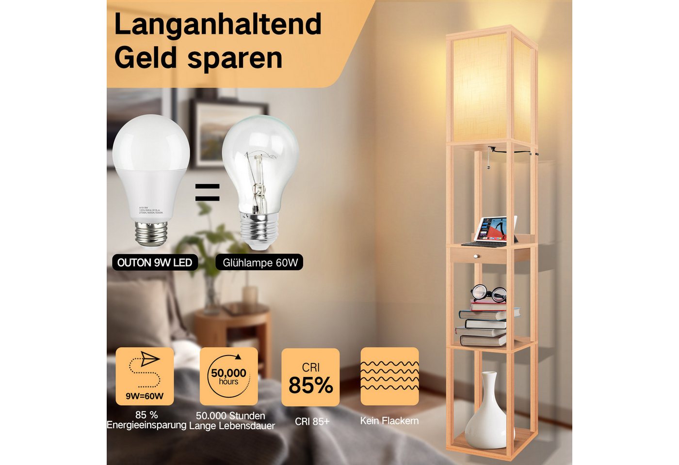 OUTON LED Stehlampe LED-Stehleuchte, Regal mit Schublade, mit 1 USB-A und 1 USB-C, LED wechselbar, 3-fach dimmbare LED, leichter Aufbau – Bild 2 von 5