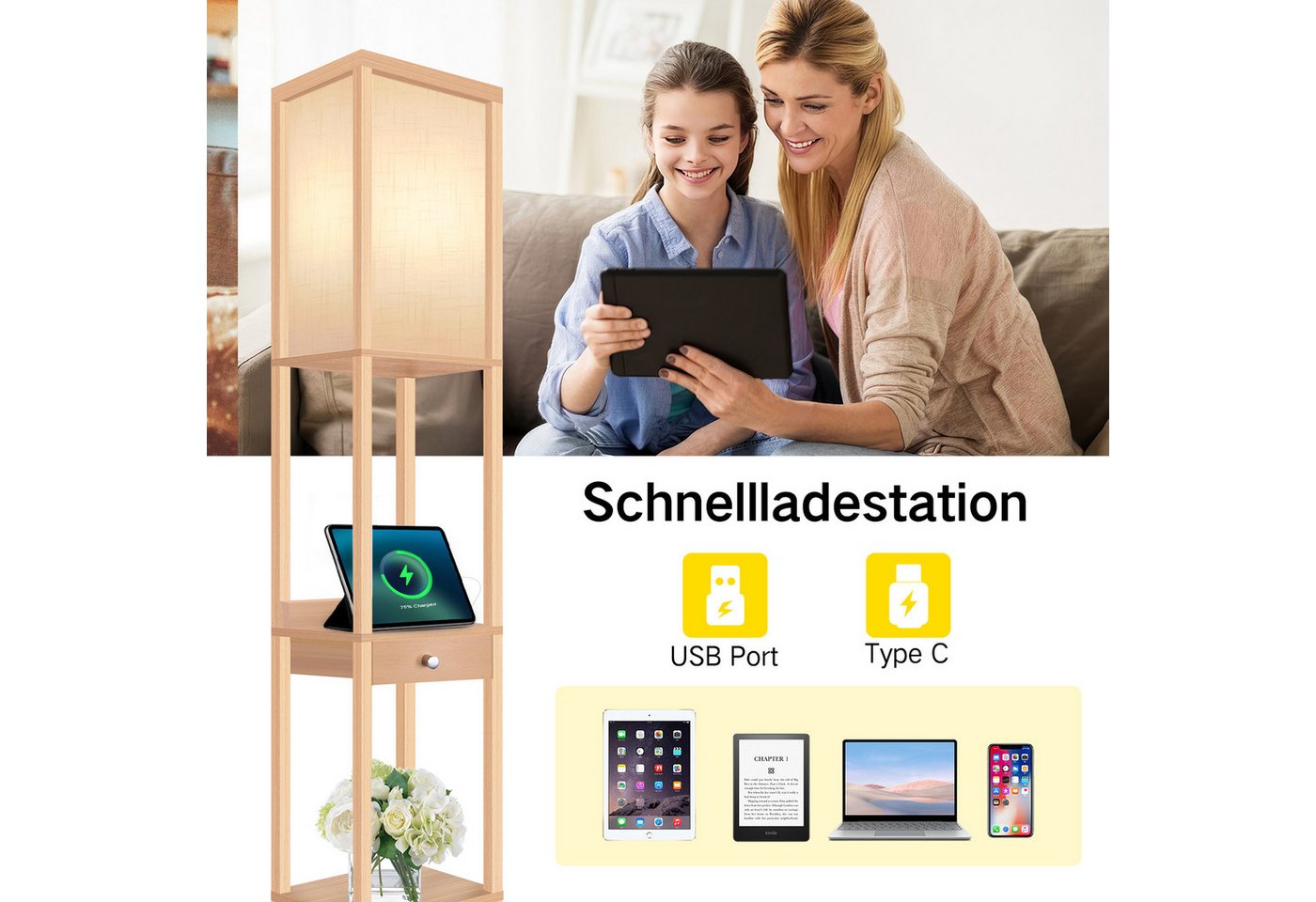 OUTON LED Stehlampe LED-Stehleuchte, Regal mit Schublade, mit 1 USB-A und 1 USB-C, LED wechselbar, 3-fach dimmbare LED, leichter Aufbau – Bild 5 von 5