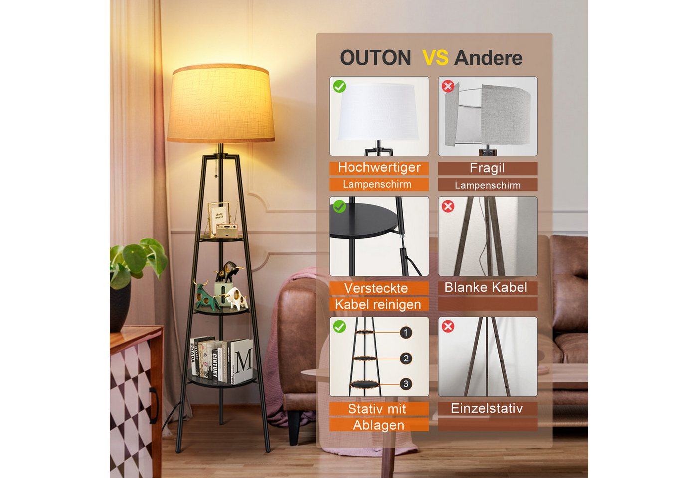 OUTON LED Stehlampe Stativ-Stehleuchte, Fernbedienung, 3 Farbtemperaturen, 3 Ablagen, LED wechselbar, für Wohnzimmer, Leseecken, Schlafzimmer oder jeden Raum – Bild 3 von 5