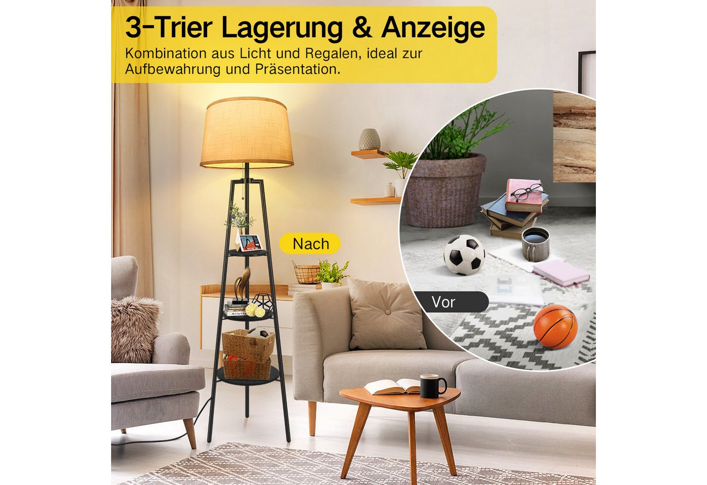 OUTON LED Stehlampe Stativ-Stehleuchte, Fernbedienung, 3 Farbtemperaturen, 3 Ablagen, LED wechselbar, für Wohnzimmer, Leseecken, Schlafzimmer oder jeden Raum – Bild 4 von 5
