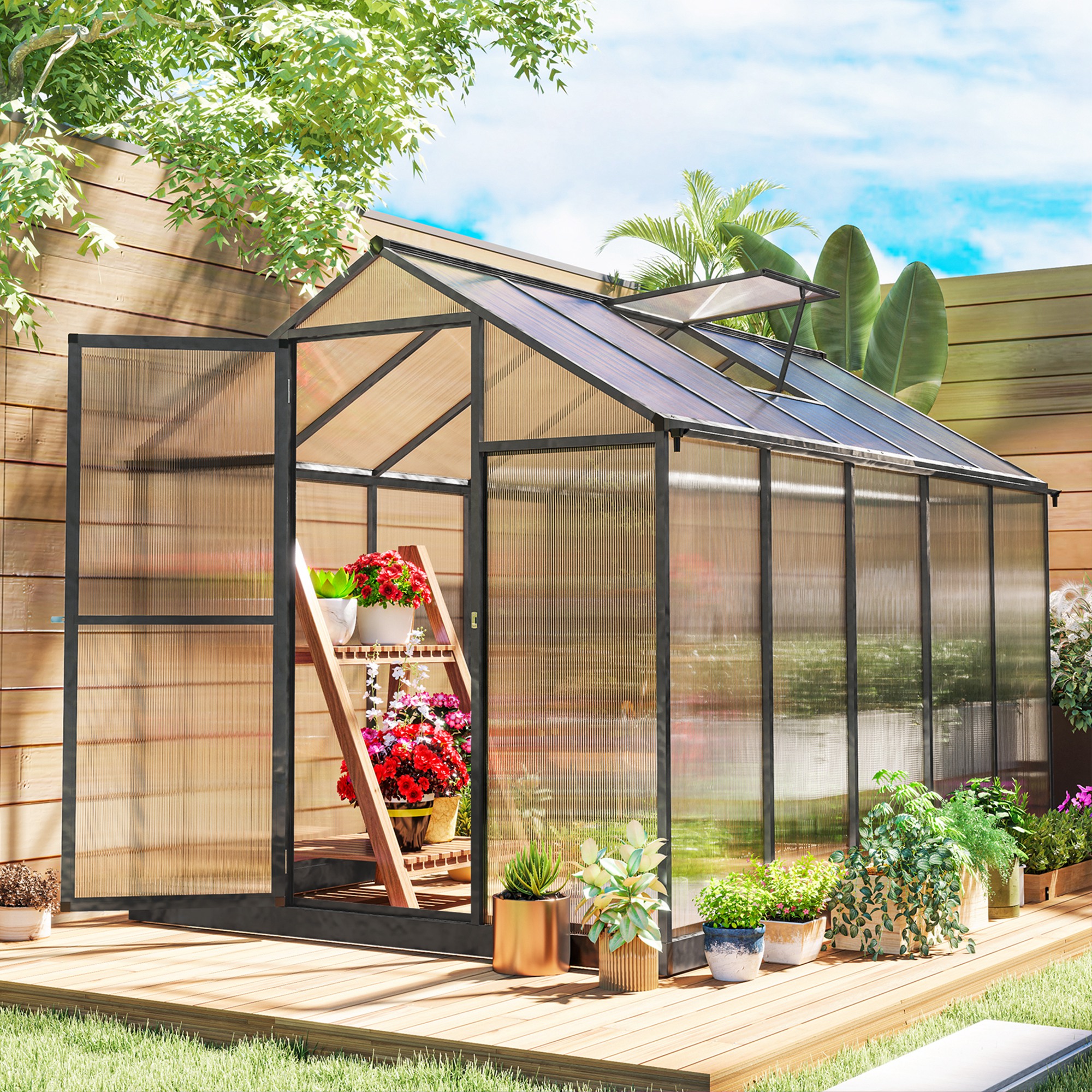 Outsunny Aluminium-Polycarbonat-Gewächshaus, Gewächshaus mit einstellbaren Dachfenstern, einflügeliger Tür, wetterfester Außenschutz für Pflanzen & Blumen, 303x – Bild 2 von 2