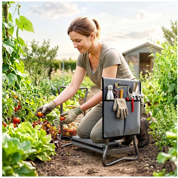 Outsunny Arbeitshocker klappbar mit Kniekissen, Werkzeugtaschen, belastbar bis 150 kg (Gartenhocker, 1 St., Kniebank), zum Knien & Sitzen 58 x 28 x 49cm Grau