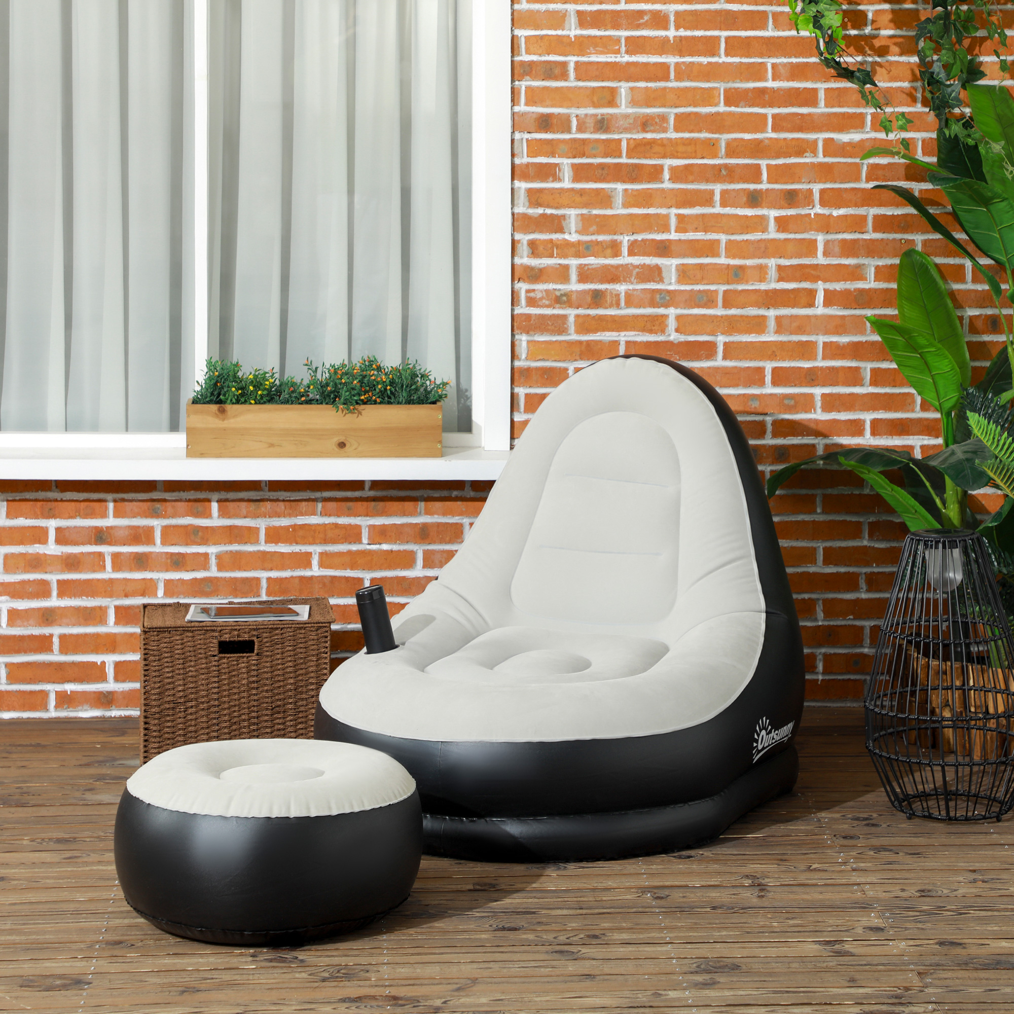 Outsunny Aufblasbares Sofa mit Fußhocker, Luftsofa mit Becherhalter, hellgrau, 125x100x87cm, ideal für Camping & Zuhause Aosom.de – Bild 2 von 2