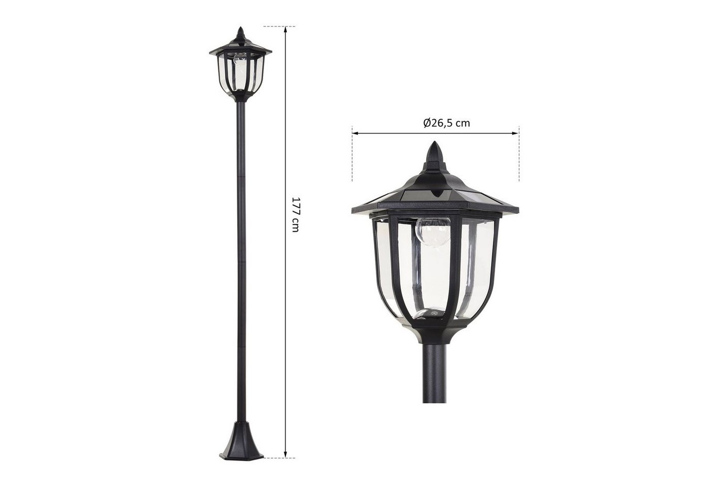 Outsunny Außen-Stehlampe Gartenlaterne, Laterne, Gartenleuchte, 30/60 Lumen, Kunststoff Schwarz, Solarbetrieb, wasserdicht, LED fest integriert, Weiß, Ø26.5 x H – Bild 3 von 5