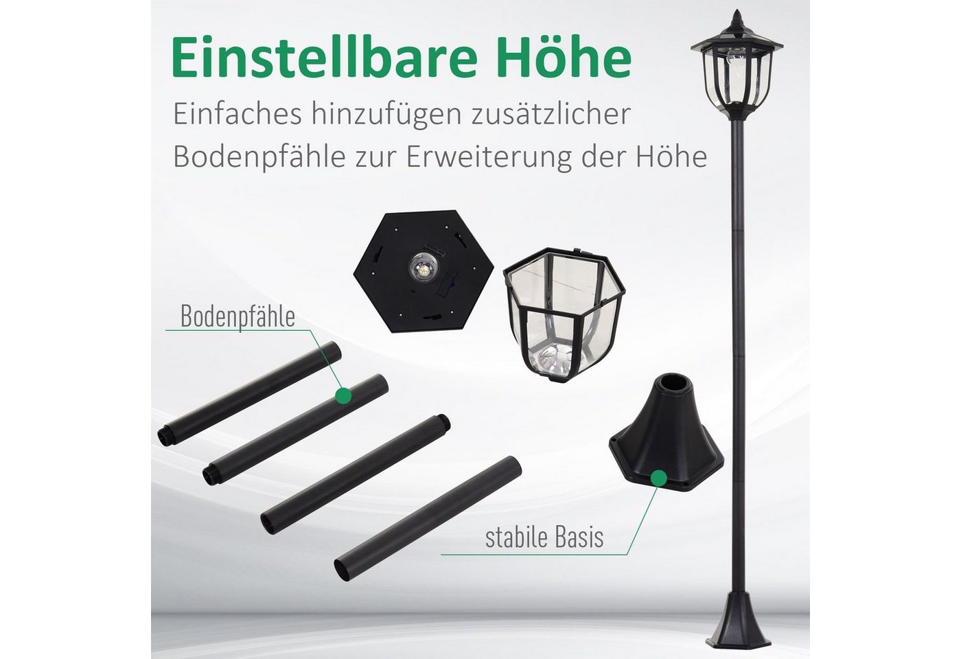 Outsunny Außen-Stehlampe Gartenlaterne, Laterne, Gartenleuchte, 30/60 Lumen, Kunststoff Schwarz, Solarbetrieb, wasserdicht, LED fest integriert, Weiß, Ø26.5 x H – Bild 4 von 5