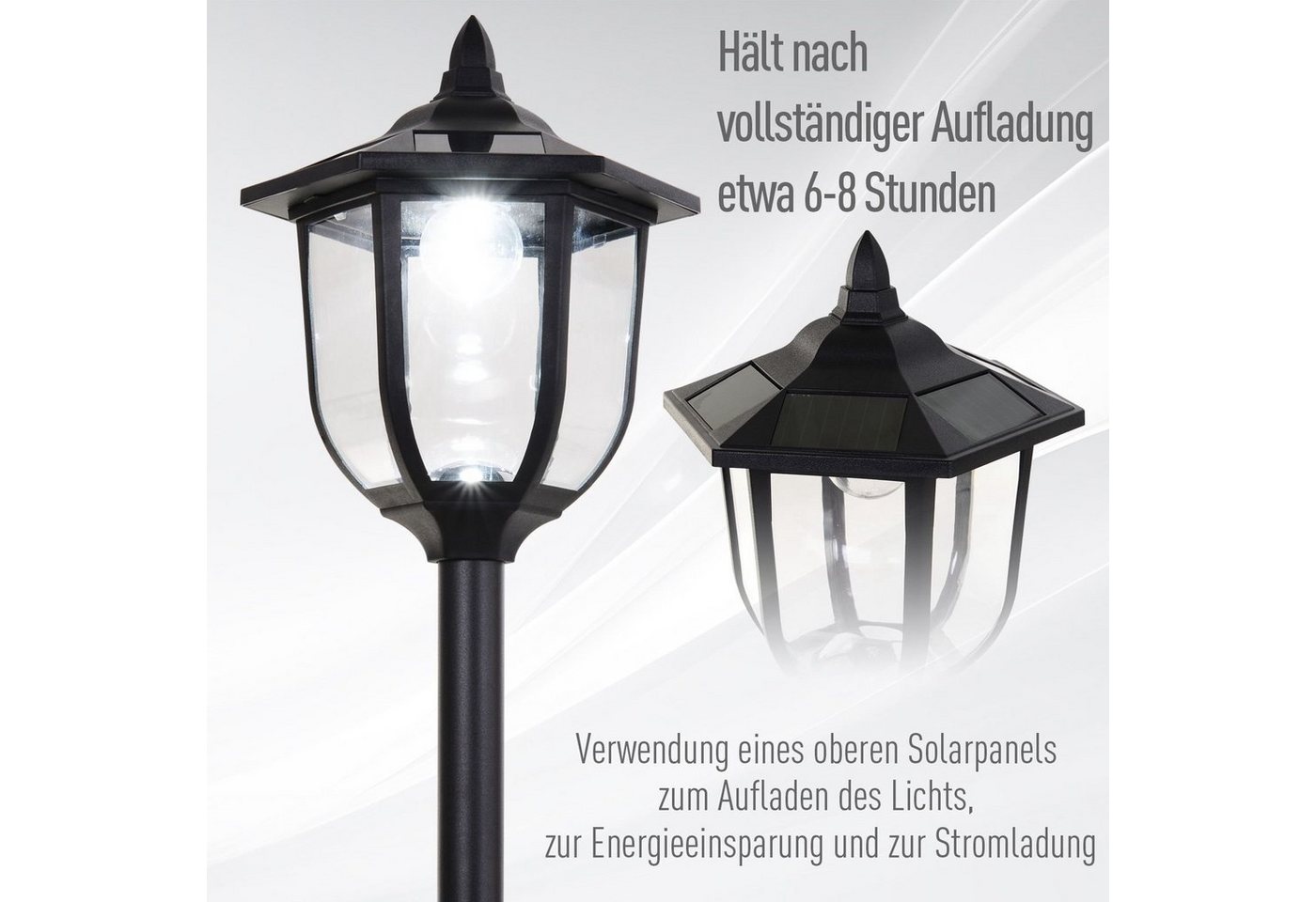 Outsunny Außen-Stehlampe Gartenlaterne, Laterne, Gartenleuchte, 30/60 Lumen, Kunststoff Schwarz, Solarbetrieb, wasserdicht, LED fest integriert, Weiß, Ø26.5 x H – Bild 5 von 5