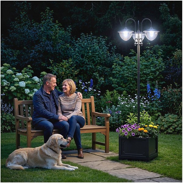 Outsunny Außen-Stehlampe Gartenlicht 3-köpfige Lampe mit Blumentopf-Basis Wasserdicht Edelstahl, Solarbetrieb, Lichtsteuerung, LED, warmweiß, L60 x B55 x H189 c
