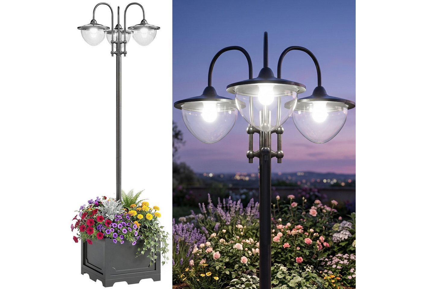 Outsunny Außen-Stehlampe Gartenlicht 3-köpfige Lampe mit Blumentopf-Basis Wasserdicht Edelstahl, Solarbetrieb, Lichtsteuerung, LED, warmweiß, L60 x B55 x H189 c – Bild 2 von 5