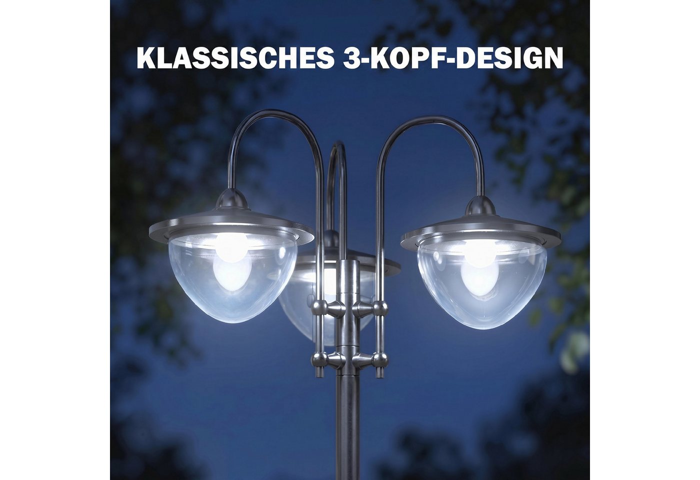 Outsunny Außen-Stehlampe Gartenlicht 3-köpfige Lampe mit Blumentopf-Basis Wasserdicht Edelstahl, Solarbetrieb, Lichtsteuerung, LED, warmweiß, L60 x B55 x H189 c – Bild 4 von 5
