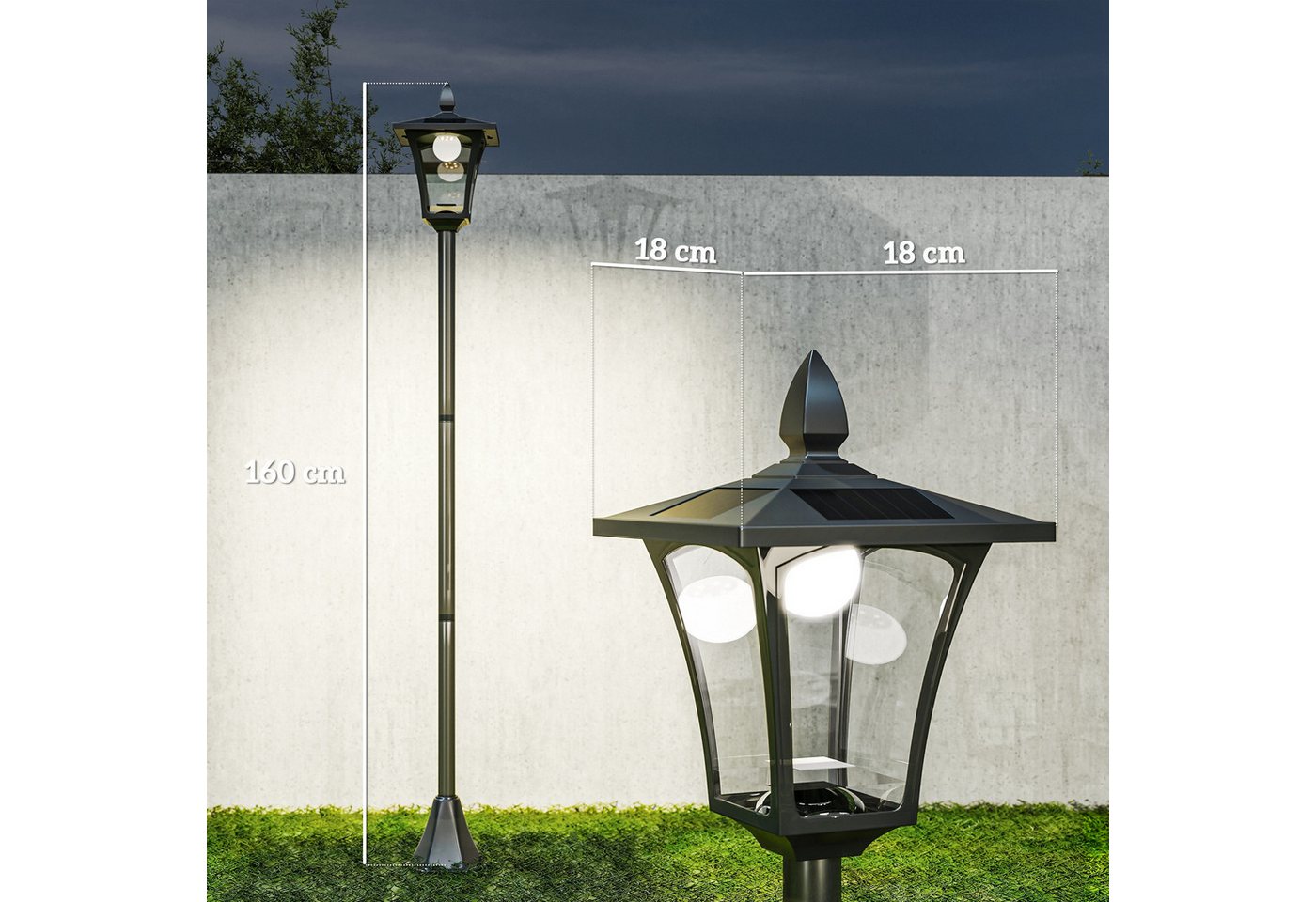 Outsunny Außen-Stehlampe LED Solar Gartenlaterne, Stehleuchte aus Edelstahl, IP44, Solarbetrieben, Lichtsensor, LED, Weiß, Schwarz 18 x 18 x 160cm – Bild 3 von 5