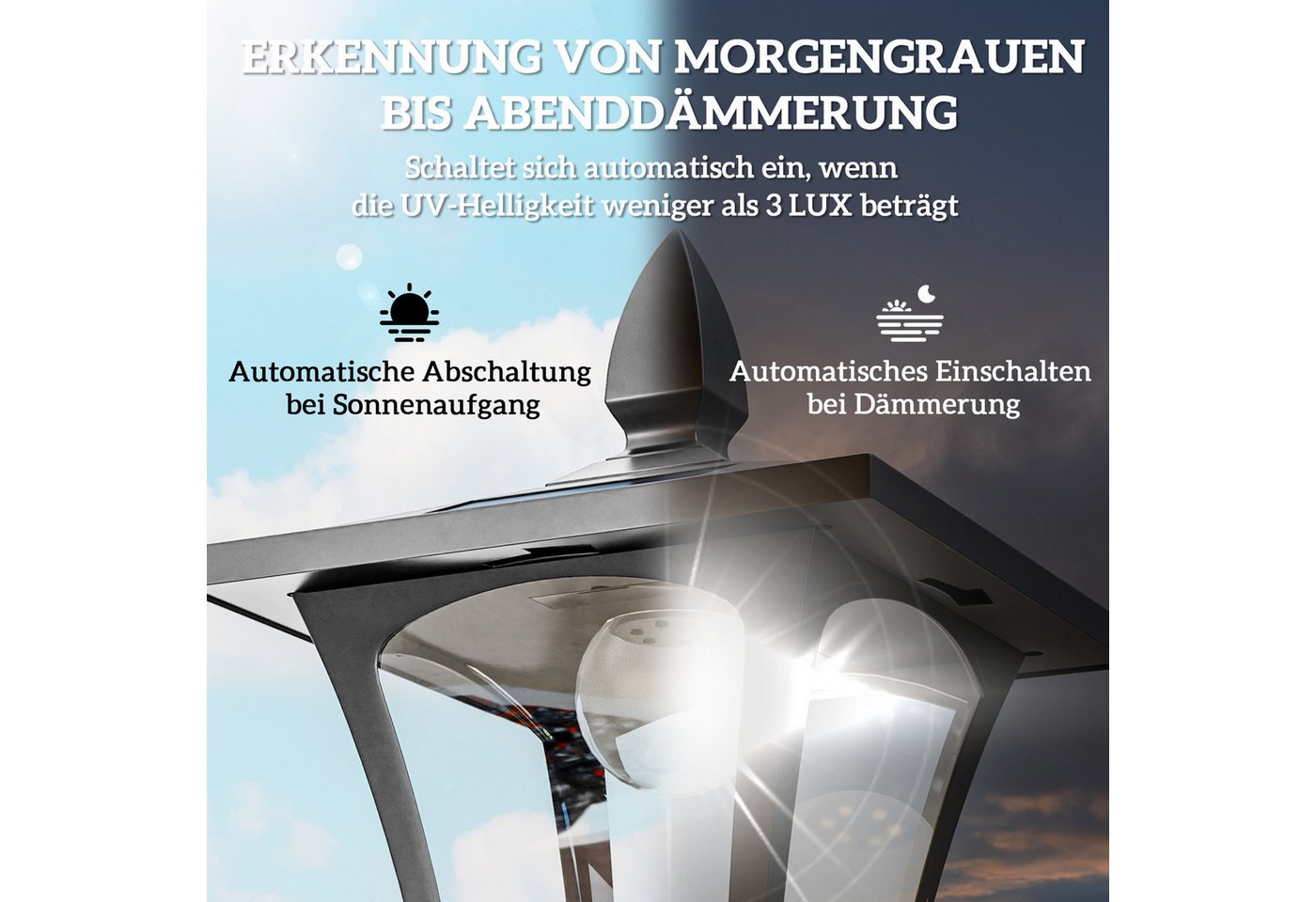 Outsunny Außen-Stehlampe LED Solar Gartenlaterne, Stehleuchte aus Edelstahl, IP44, Solarbetrieben, Lichtsensor, LED, Weiß, Schwarz 18 x 18 x 160cm – Bild 5 von 5