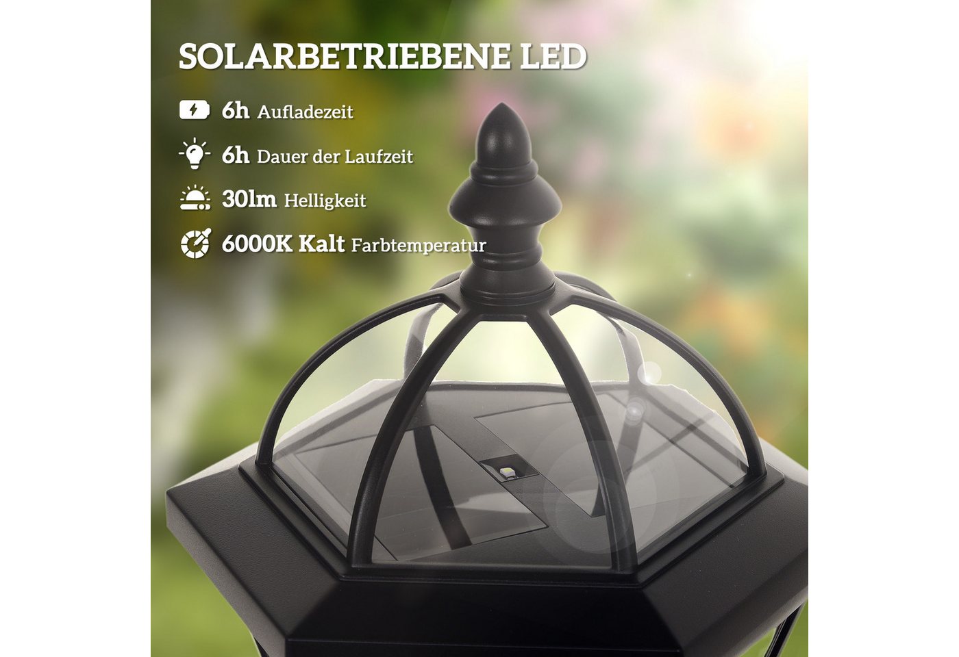 Outsunny Außen-Stehlampe Solar Gartenlaterne, 2er Set, 6 Stdn., ABS Schwarz, Solarbetrieb, wetterfest, LED, Weiß, Ø18.5 x H129 cm – Bild 4 von 5