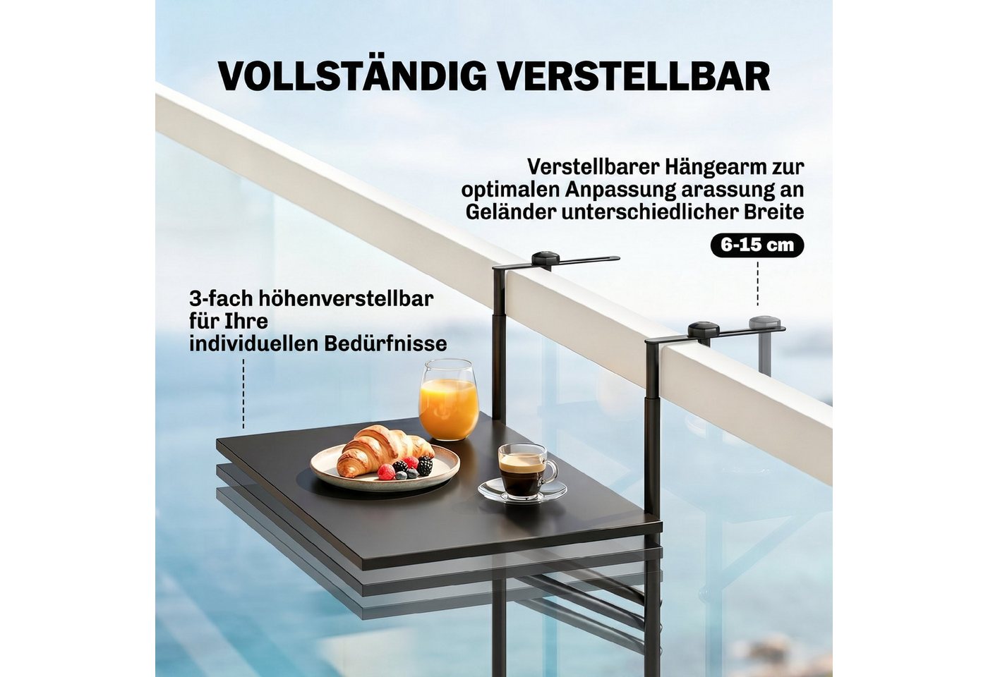 Outsunny Balkonhängetisch Einhängetisch,Balkonhängetisch,3-fach höhenverstellbar,bis 15kg (Terrassentisch, 1-St., Hängetisch), für Garten, Metall, 62 x 60 x 85, – Bild 4 von 5
