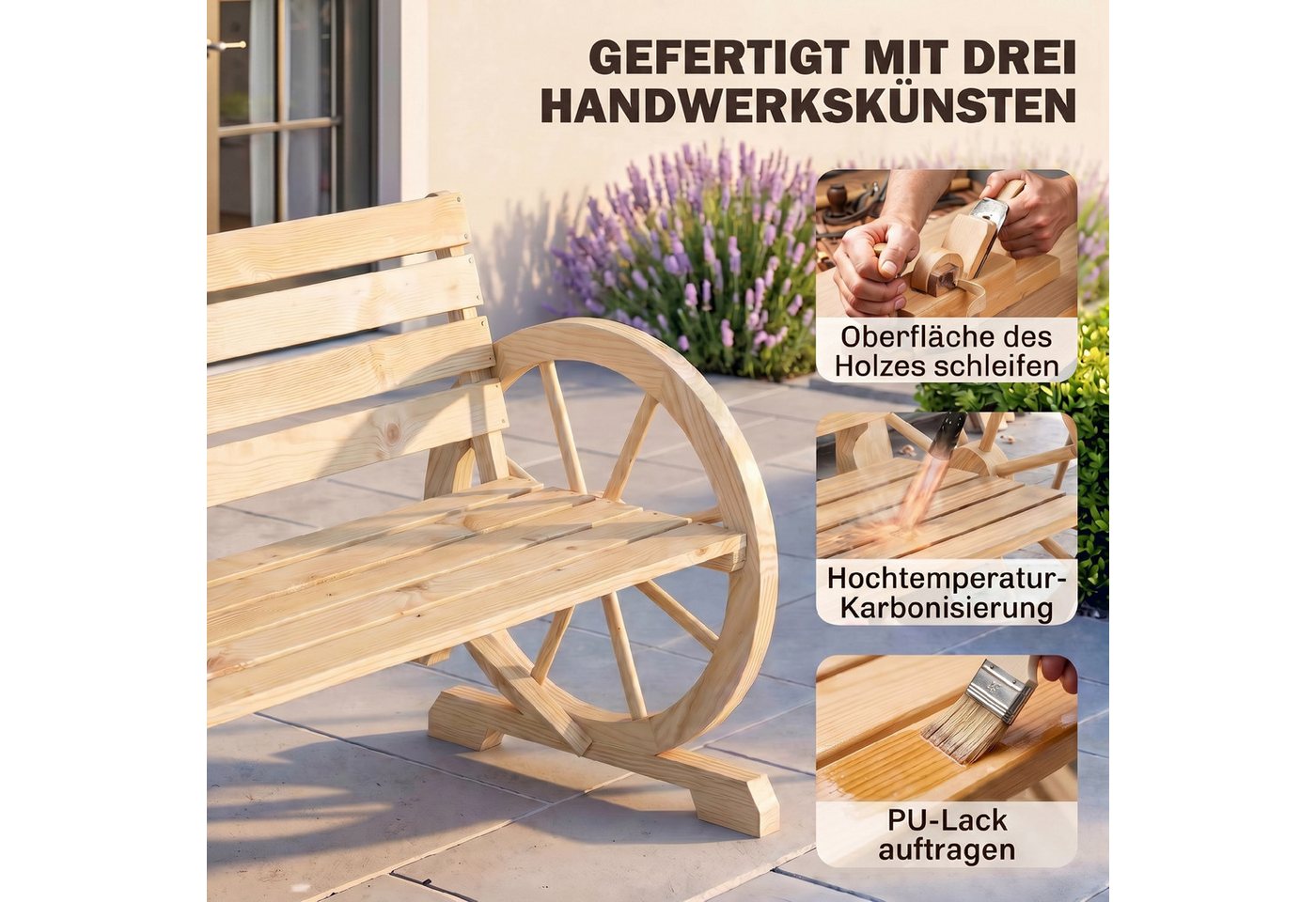 Outsunny Bank Gartenbank, wetterfest, mit Rücken und Armlehnen, Parkbank (Holzbank, 1-St., Sitzbank), bis 240 kg belastbar Tannenholz Naturholz 105,5 x 56 x 79  – Bild 5 von 5
