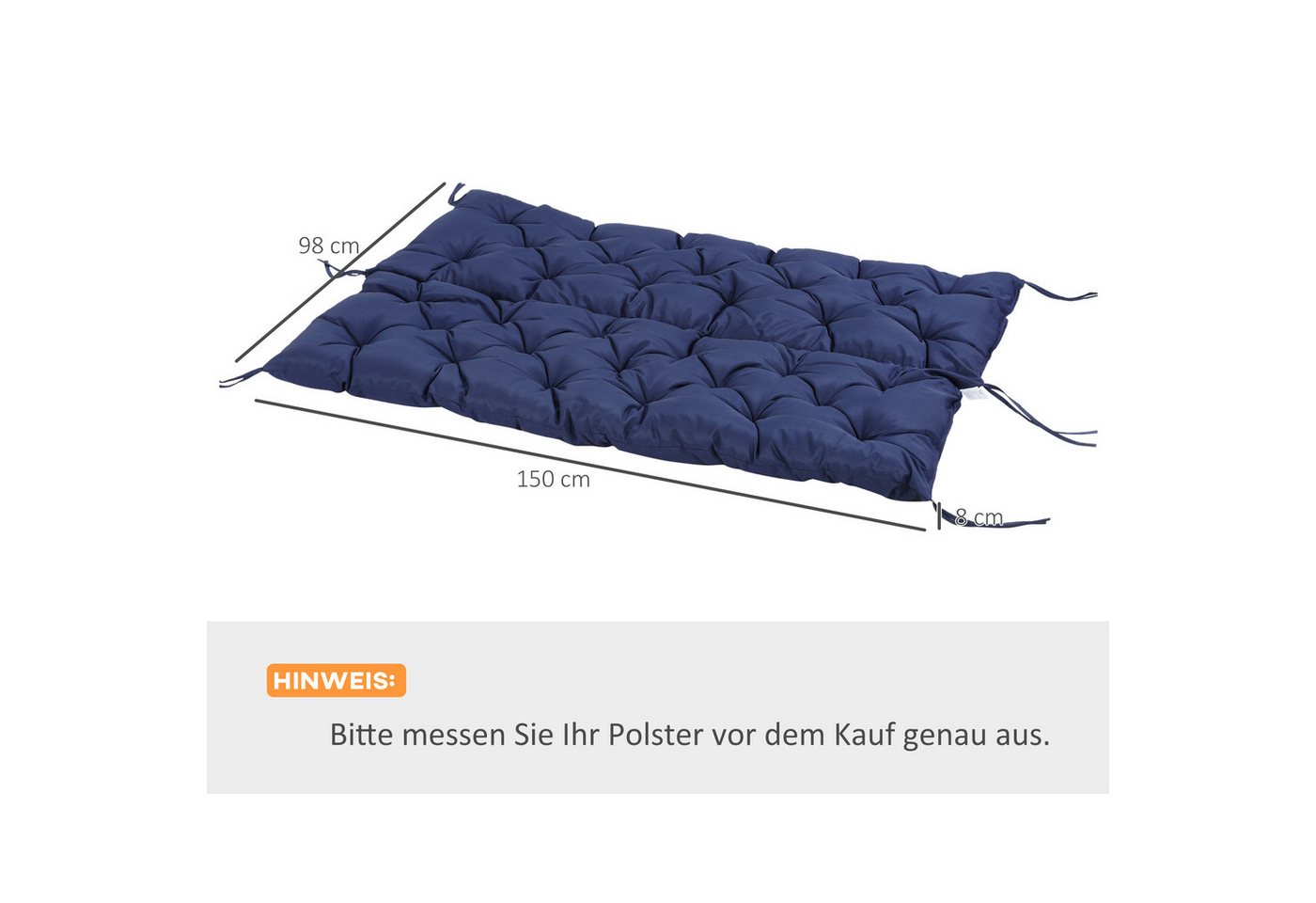 Outsunny Bankauflage 3 Sitzer, 150x98x8 cm, Bankkissen mit Bändern, Sitzkissen, (Set, 1 St., 1 Sitzkissen), für Gartenmöbel, Fensterbank Sitzbank, Hollywoodscha – Bild 3 von 5
