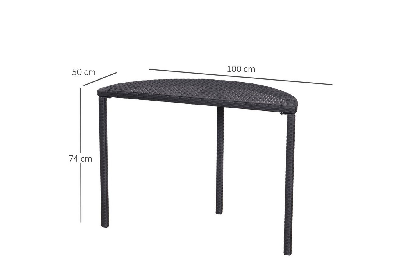 Outsunny Beistelltisch Garten Gartenmöbel halbrund Polyrattan (Tisch, 1-St., Balkontisch), Metall Schwarz 100 x 50 x 74 cm – Bild 3 von 5