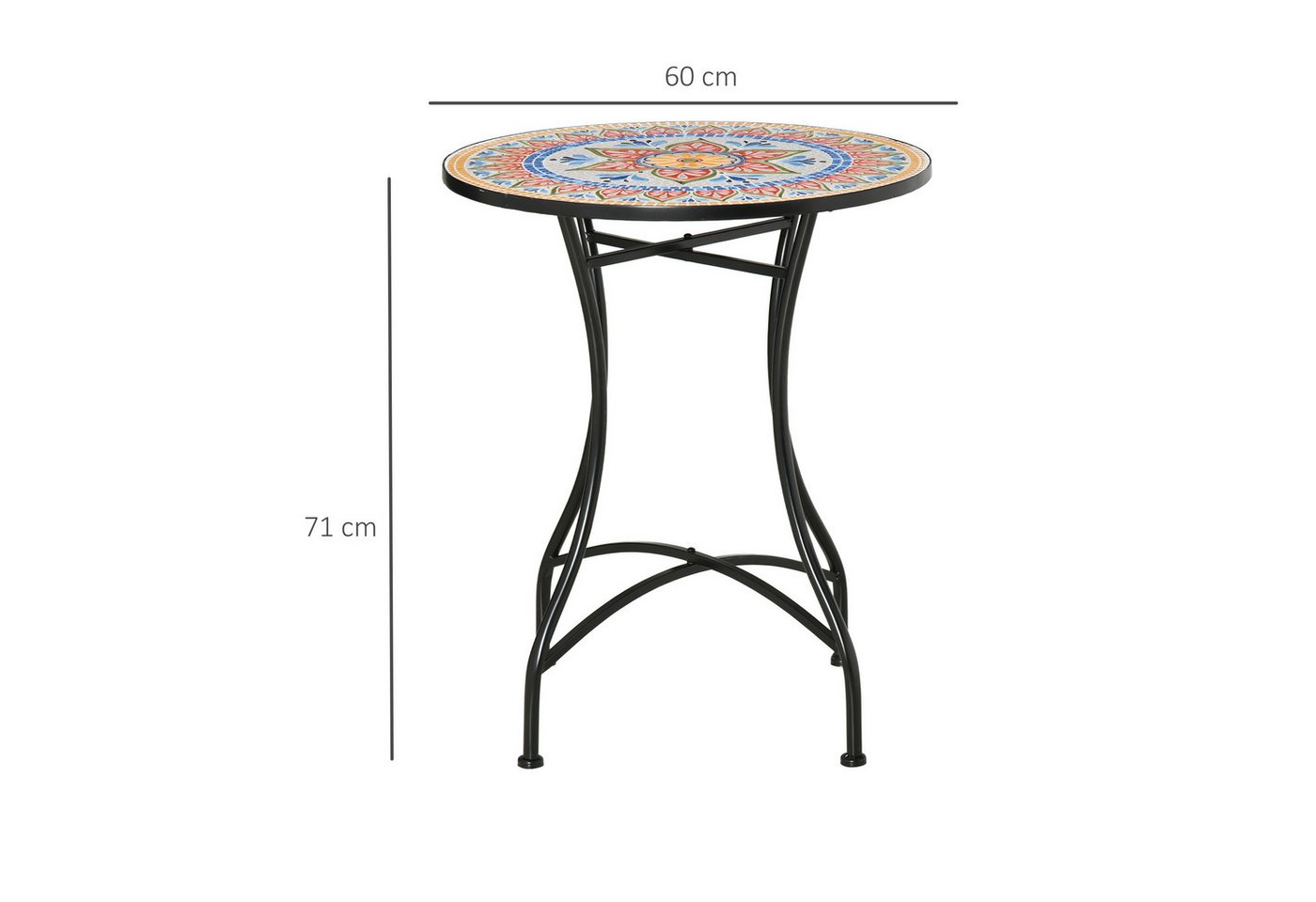 Outsunny Beistelltisch Gartentisch Ø60 cm, Wetterfest Balkontisch aus Metall (Bistrotisch, 1-St., Mosaiktisch), für Garten, Balkon, Rot+Blau+Weiß – Bild 3 von 5