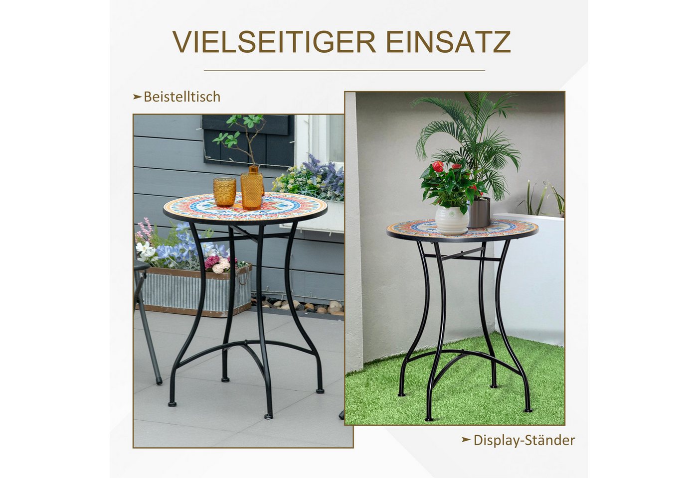 Outsunny Beistelltisch Gartentisch Ø60 cm, Wetterfest Balkontisch aus Metall (Bistrotisch, 1-St., Mosaiktisch), für Garten, Balkon, Rot+Blau+Weiß – Bild 5 von 5