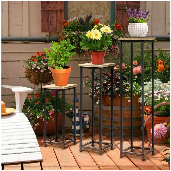 Outsunny Blumenständer Pflanzenständer, 50/70/90cm hoch, Stapelbar, Blumentopfständer (Pflanzenhocker, 3 St., Blumenständer), für Garten Balkon Schwarz+Natur
