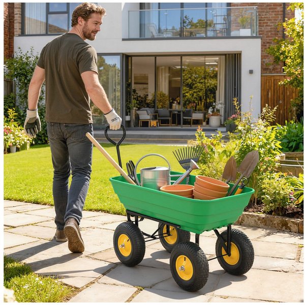 Outsunny Bollerwagen Transportwagen mit Kippfunktion bis 200 kg, Gartenkarre Dumper (Handwagen, 1-tlg., Gartenwagen), für Gartenarbeit Rasen Dunkelgrün