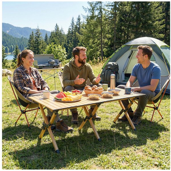 Outsunny Campingtisch Aluminium mit Holz-Optik Tragetasche, wasserdicht Camping Tisch (Klapptisch, 1-St., Falttisch), für Picknick Wandern Reisen Eiche