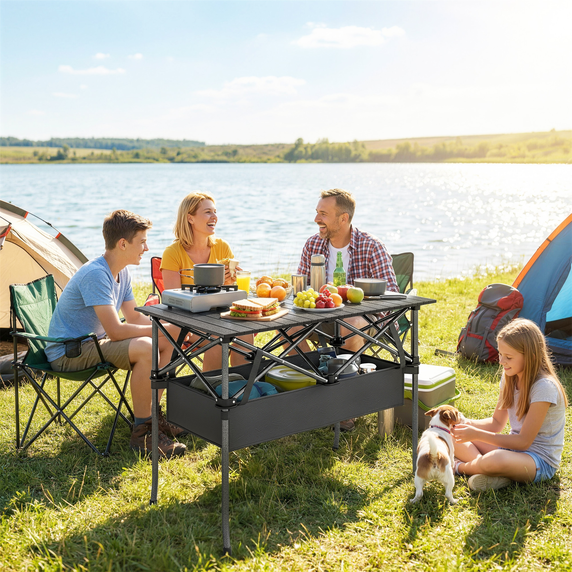 Outsunny Campingtisch Klapptisch mit Netzfach, Tragetasche, Gartentisch aus Aluminium Falttisch Beistelltisch für Garten Balkon Camping 93 x 68 cm Schwarz Aosom – Bild 2 von 2