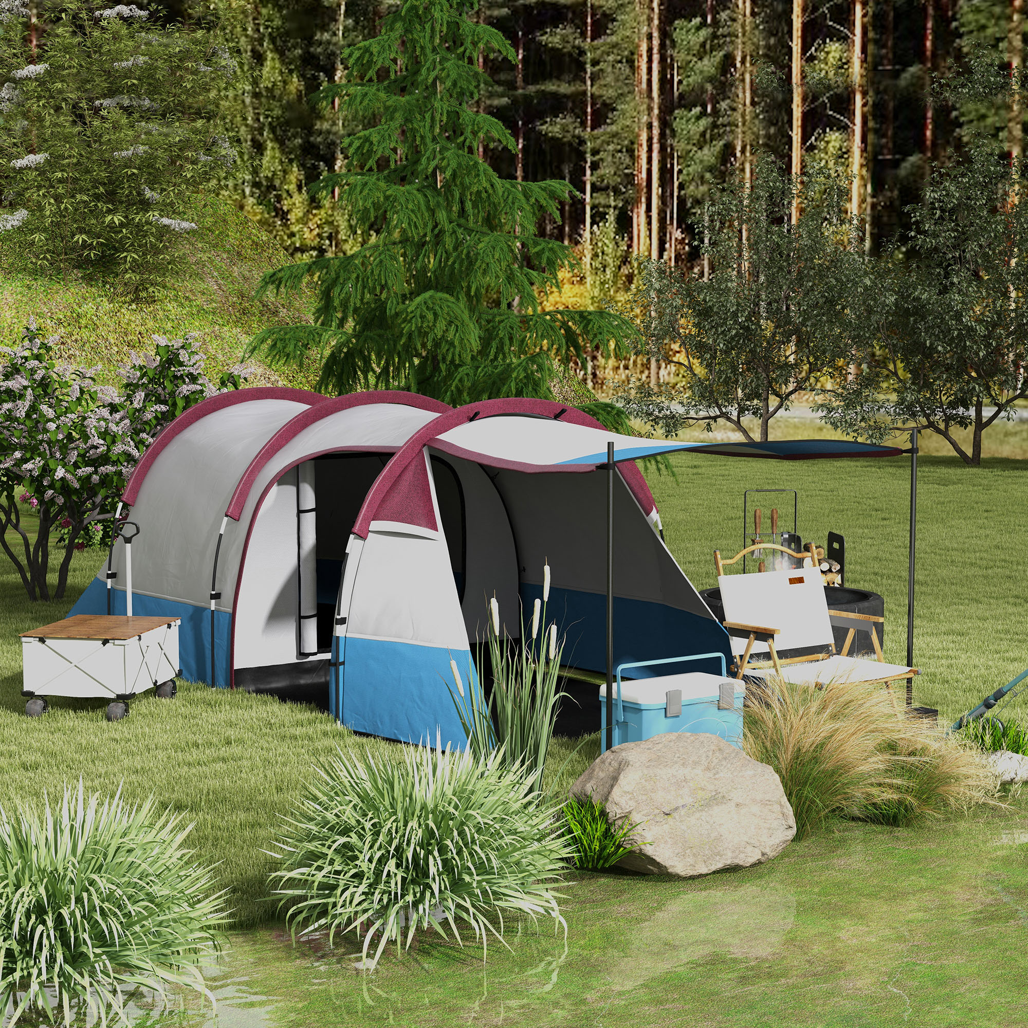 Outsunny Campingzelt, Tunnelzelt für 3 Personen, mit Lichthaken, Vorzelt, 2 Räumen, Winddicht Familienzelt mit Tragetasche, 2000mm Wasserabweisend Pop Up Zelt f – Bild 2 von 2