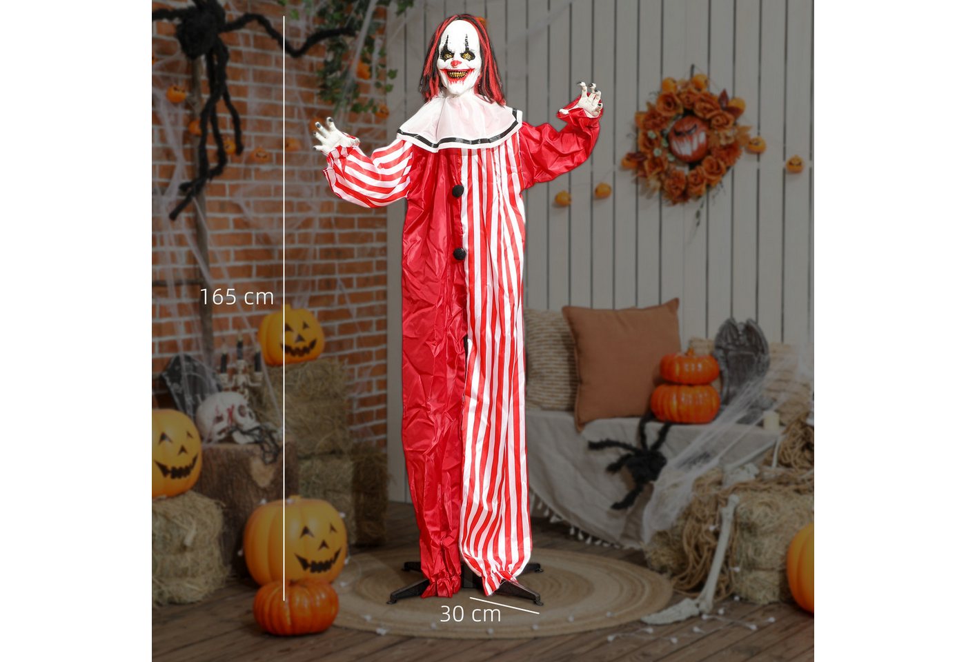 Outsunny Dekofigur mit LED-Lichter, Soundfunktion, verstellbaren Armen (Halloween Clown, 1 St., 165 cm Halloween Dekoration), Garten Dekofigur in Lebensgröße fü – Bild 3 von 5