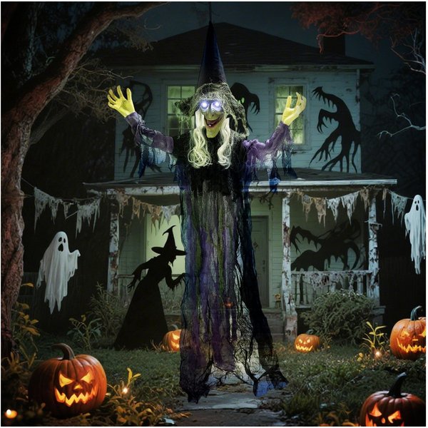 Outsunny Dekofigur mit LED-Lichter, Soundfunktion, verstellbare Arme, Mund (Hängende Halloween Hexe, 1 St., 183cm Halloween Dekoration), Garten Dekofigur in Leb