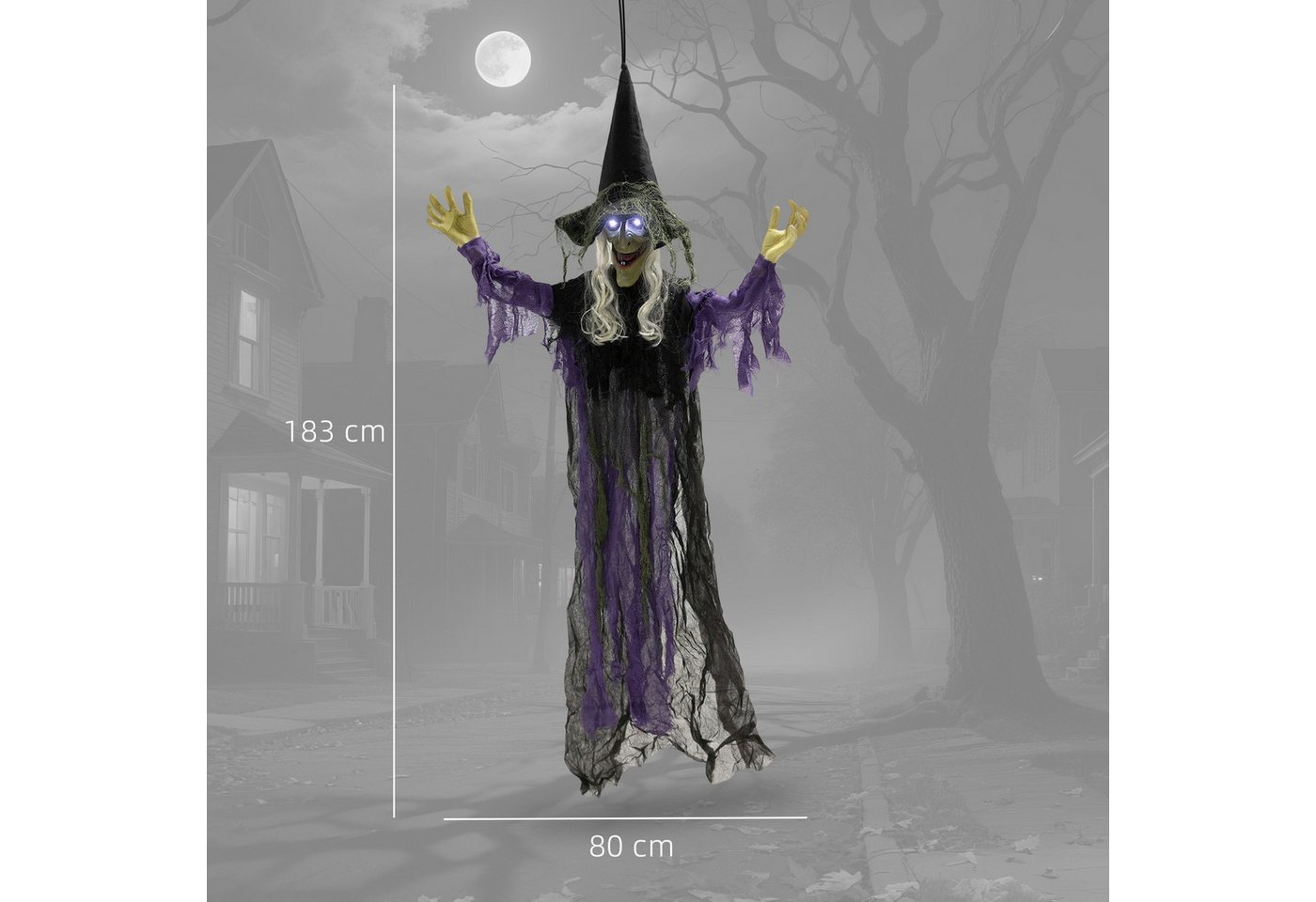 Outsunny Dekofigur mit LED-Lichter, Soundfunktion, verstellbare Arme, Mund (Hängende Halloween Hexe, 1 St., 183cm Halloween Dekoration), Garten Dekofigur in Leb – Bild 3 von 5