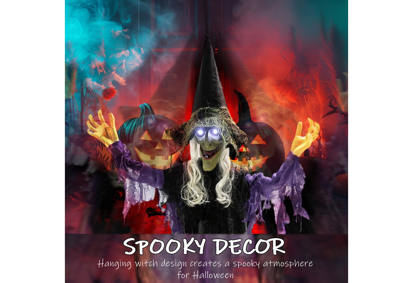 Outsunny Dekofigur mit LED-Lichter, Soundfunktion, verstellbare Arme, Mund (Hängende Halloween Hexe, 1 St., 183cm Halloween Dekoration), Garten Dekofigur in Leb – Bild 4 von 5