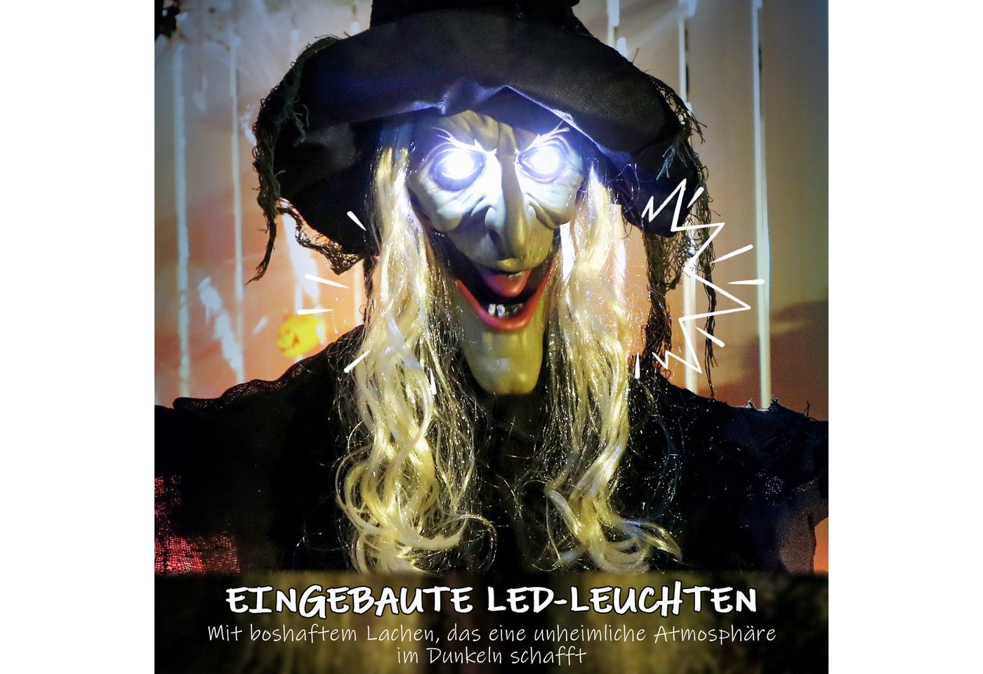 Outsunny Dekofigur mit LED-Lichter, Soundfunktion, verstellbare Arme, Mund (Hängende Halloween Hexe, 1 St., 183cm Halloween Dekoration), Garten Dekofigur in Leb – Bild 5 von 5