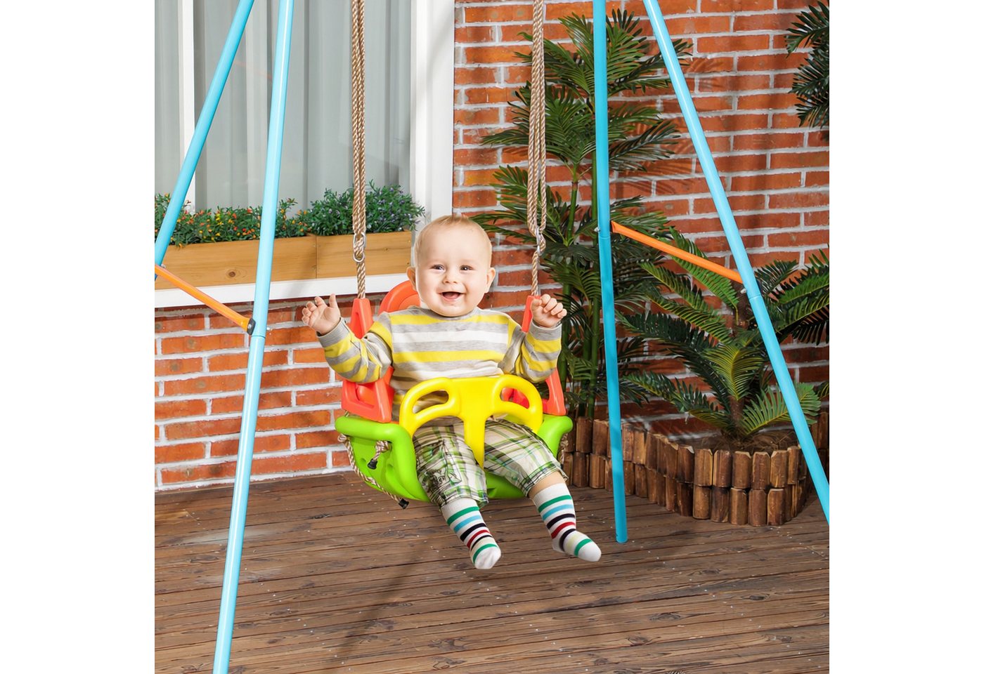 Outsunny Einzelschaukel Babysitz Schaukelsitz mit Rückenlehne, für Outdoor & Indoor, (Babyschaukel, 1-tlg., Kinderschaukel), für Garten, Balkon, Grün+Gelb+Orang – Bild 2 von 5