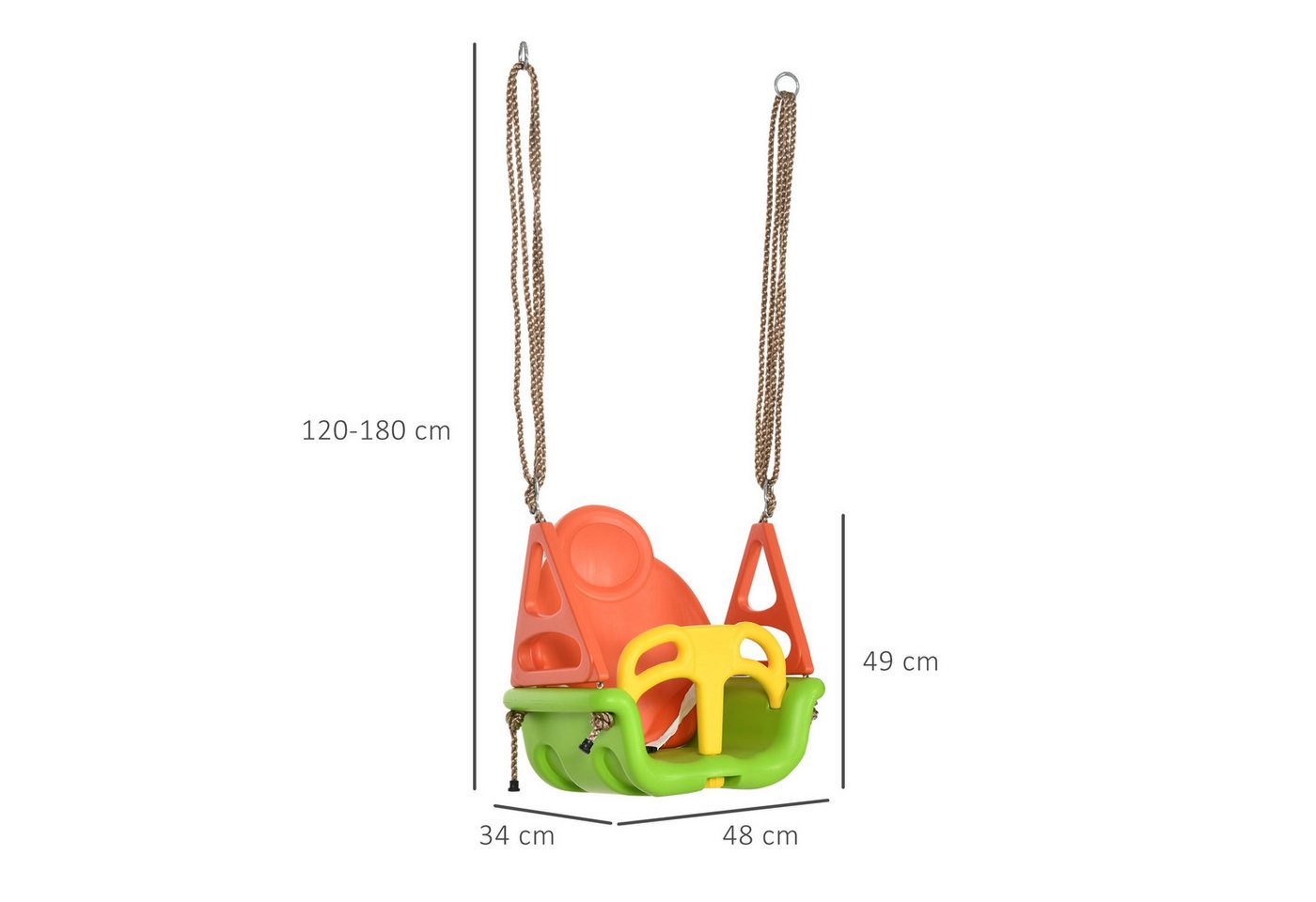 Outsunny Einzelschaukel Babysitz Schaukelsitz mit Rückenlehne, für Outdoor & Indoor, (Babyschaukel, 1-tlg., Kinderschaukel), für Garten, Balkon, Grün+Gelb+Orang – Bild 3 von 5