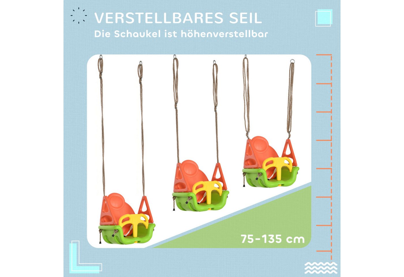 Outsunny Einzelschaukel Babysitz Schaukelsitz mit Rückenlehne, für Outdoor & Indoor, (Babyschaukel, 1-tlg., Kinderschaukel), für Garten, Balkon, Grün+Gelb+Orang – Bild 5 von 5