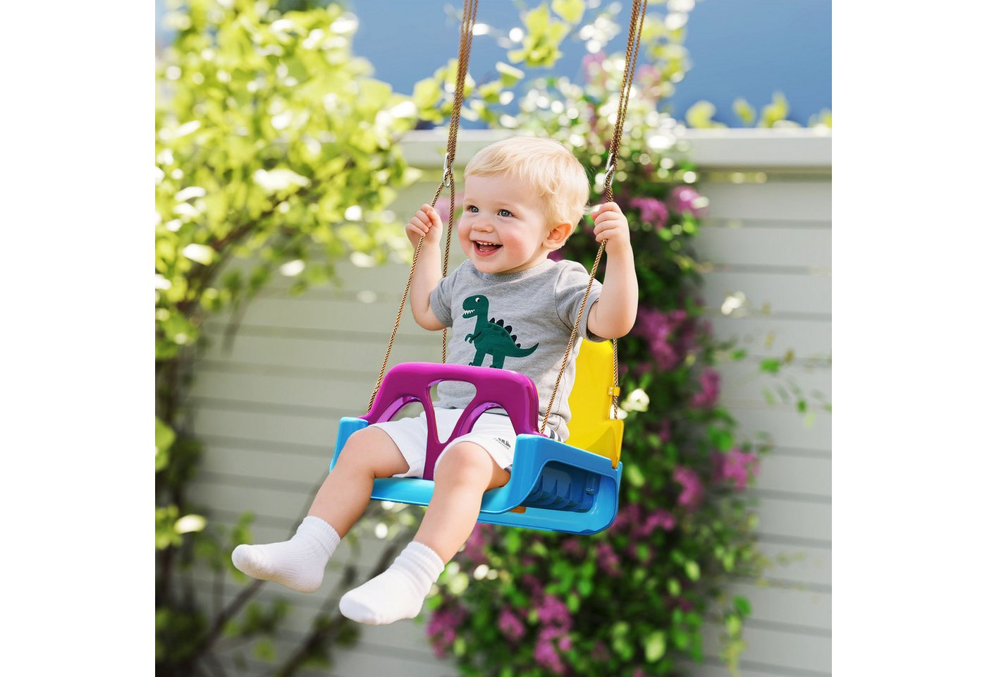 Outsunny Einzelschaukel Schaukel mit verstellbarem Seil, (Babyschaukel, 1-tlg., Kinderschaukel), für Garten, Balkon, Blau+Gelb+Lila – Bild 2 von 5