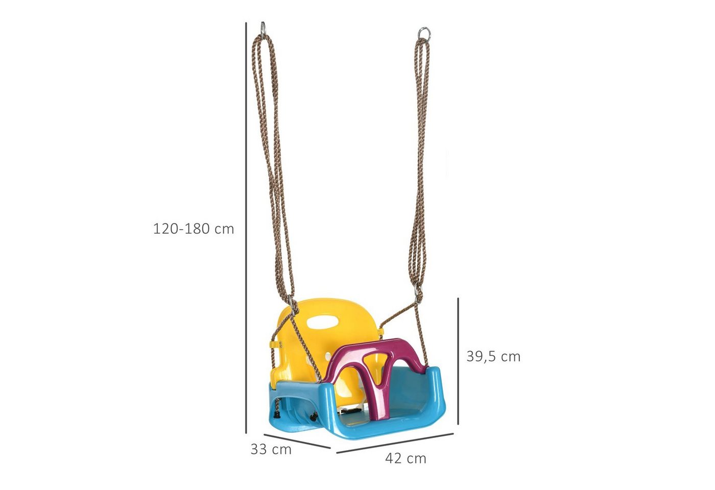 Outsunny Einzelschaukel Schaukel mit verstellbarem Seil, (Babyschaukel, 1-tlg., Kinderschaukel), für Garten, Balkon, Blau+Gelb+Lila – Bild 3 von 5
