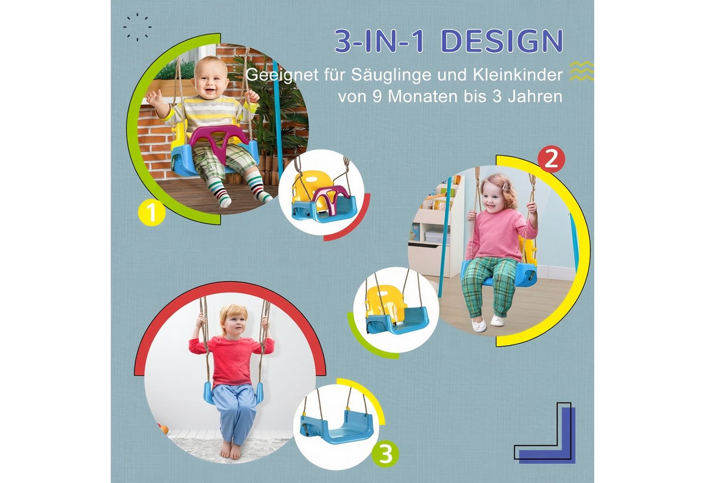 Outsunny Einzelschaukel Schaukel mit verstellbarem Seil, (Babyschaukel, 1-tlg., Kinderschaukel), für Garten, Balkon, Blau+Gelb+Lila – Bild 4 von 5