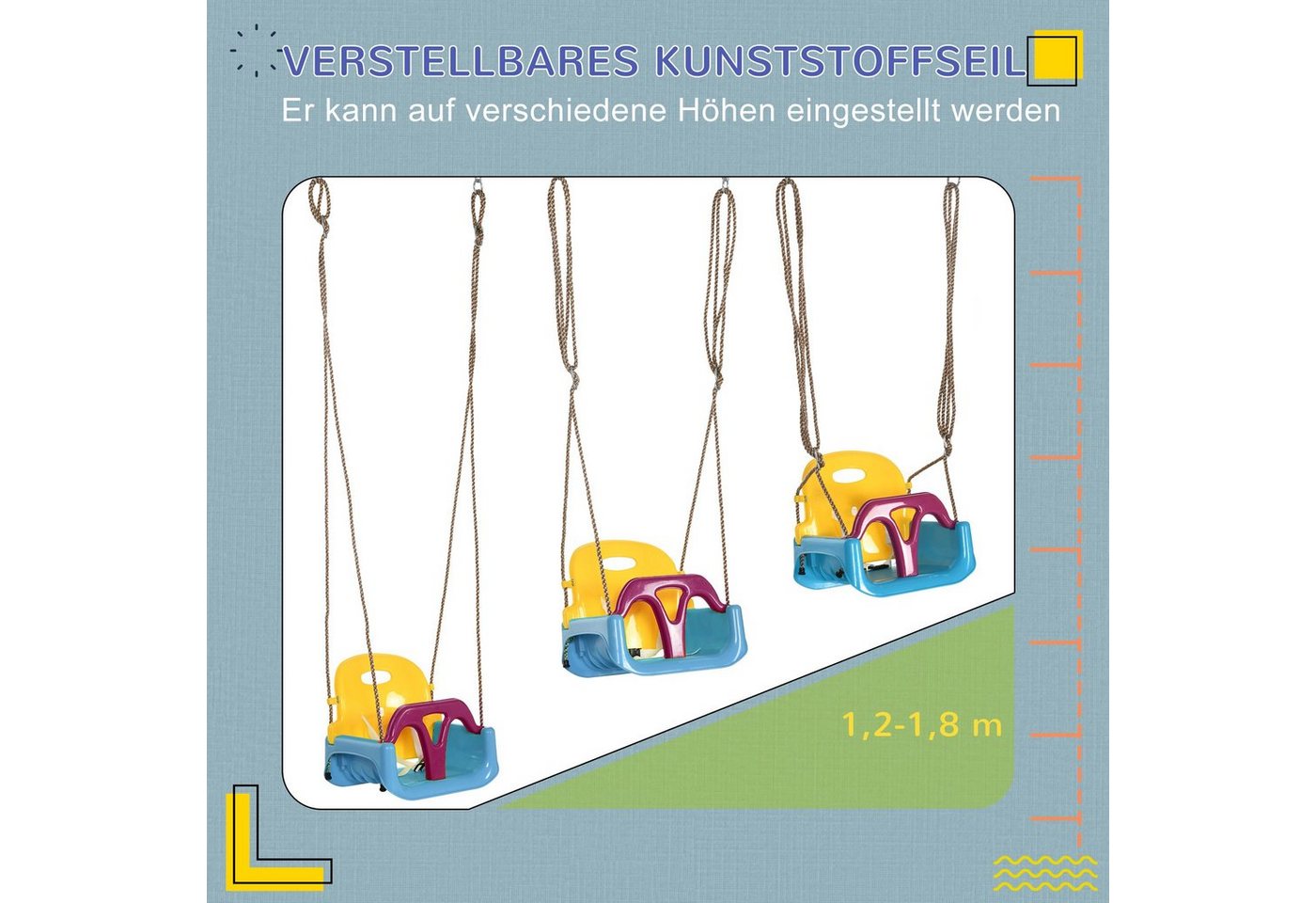 Outsunny Einzelschaukel Schaukel mit verstellbarem Seil, (Babyschaukel, 1-tlg., Kinderschaukel), für Garten, Balkon, Blau+Gelb+Lila – Bild 5 von 5