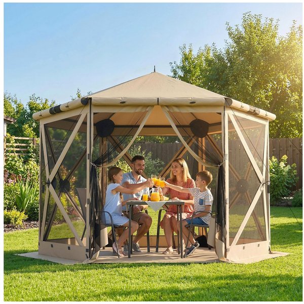 Outsunny Faltpavillon Sechseck-Pavillon, Partyzelt für Garten und Terrasse, Khaki, mit 6 Seitenteilen, (Set, inkl. Bodenmatte, Tragetasche, Erdnägel, Abspannsei