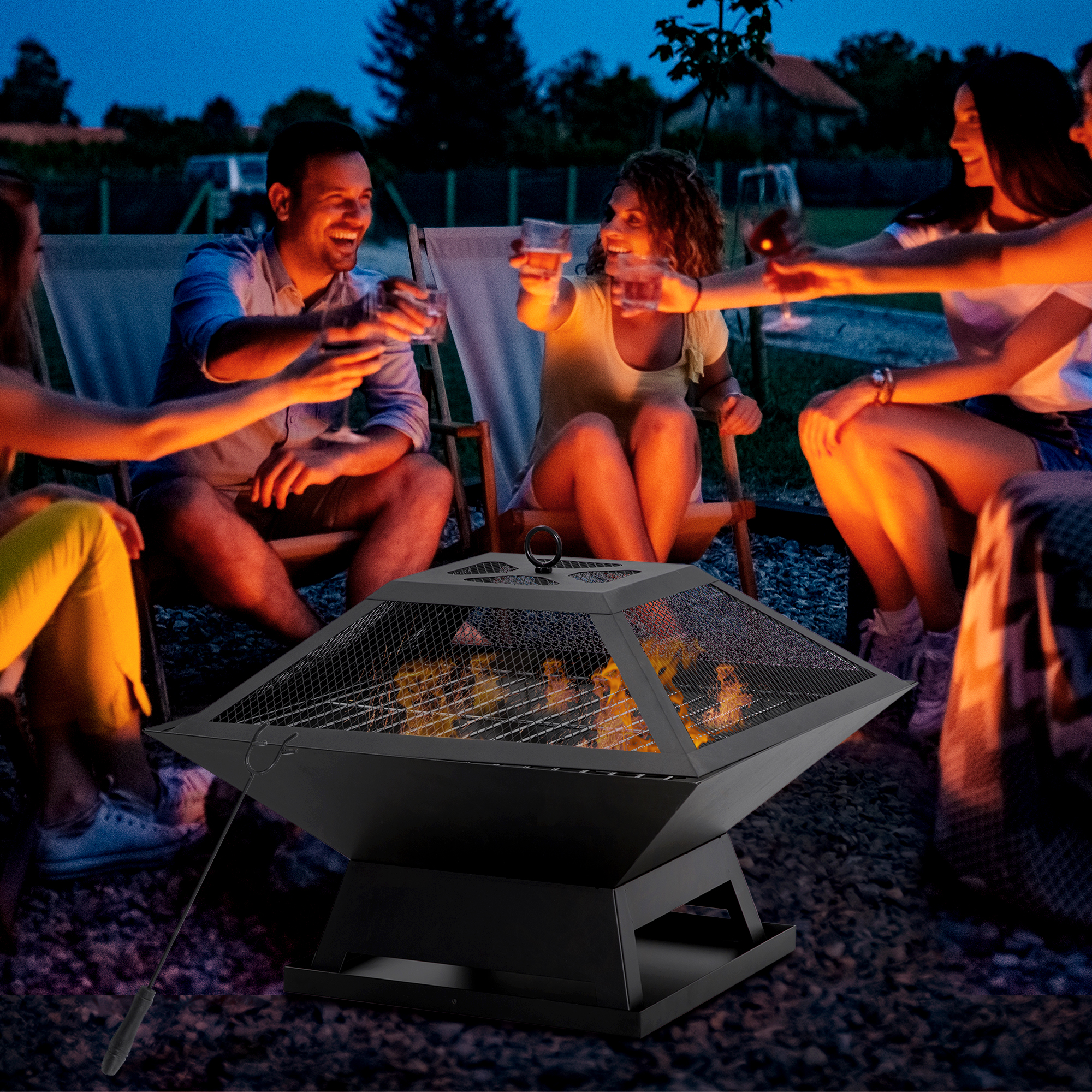Outsunny Feuerschale Garten Feuerkorb mit Grillrost und Funkenschutz, Stahl Schwarz 45x45x34cm, inkl. Schürhaken für gemütliche Abende Aosom.de – Bild 2 von 2