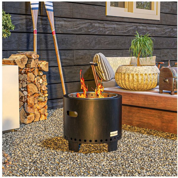 Outsunny Feuerschale rauchfreier, Tischfeuer, Ø45 cm mit Griff, Schürhaken, (Feuerkorb, 1-St., Feuerstelle), für Garten, Camping, Terrasse, Metall, Schwarz