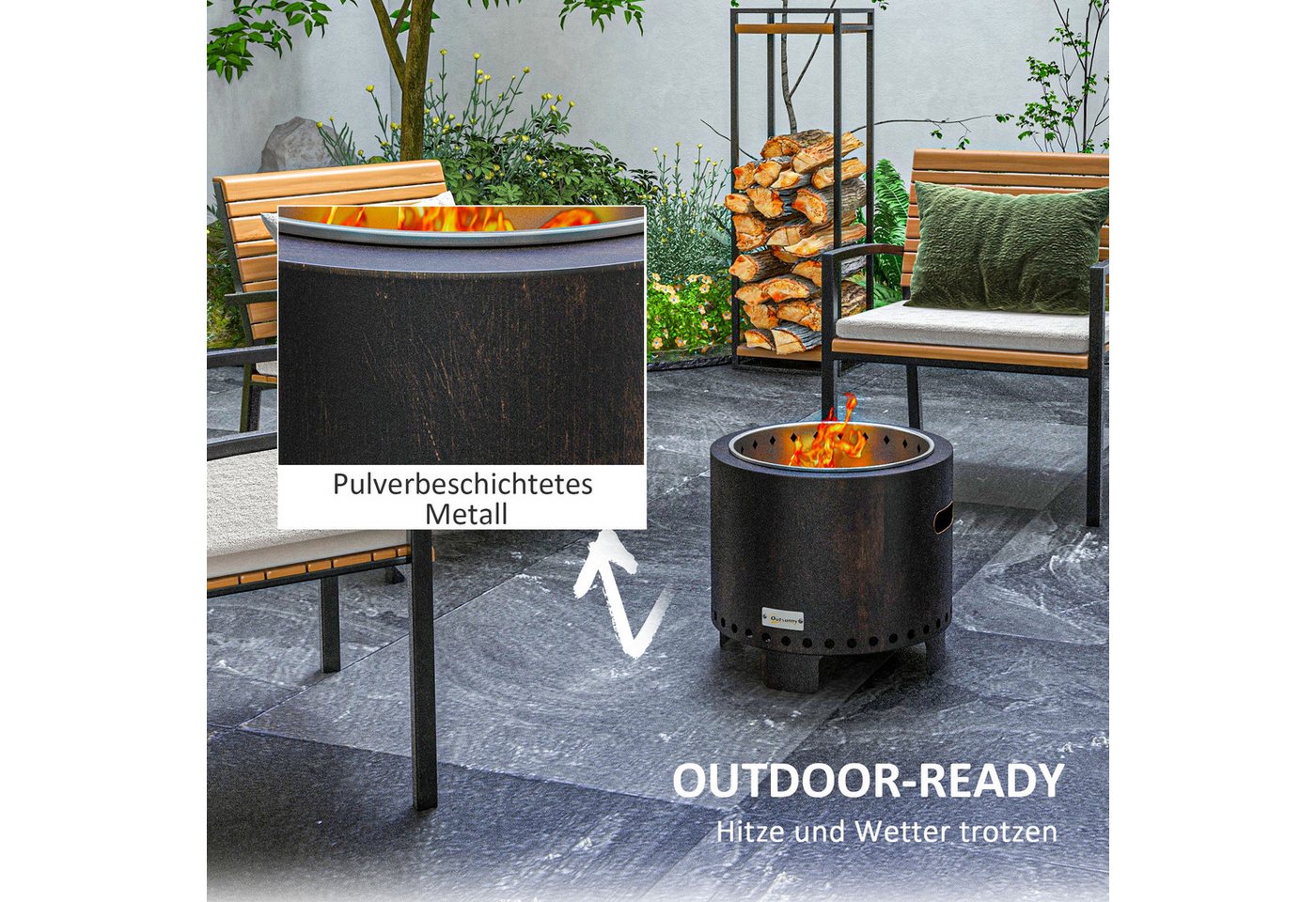 Outsunny Feuerschale rauchfreier, Tischfeuer, Ø45 cm mit Griff, Schürhaken, (Feuerkorb, 1-St., Feuerstelle), für Garten, Camping, Terrasse, Metall, Schwarz – Bild 5 von 5
