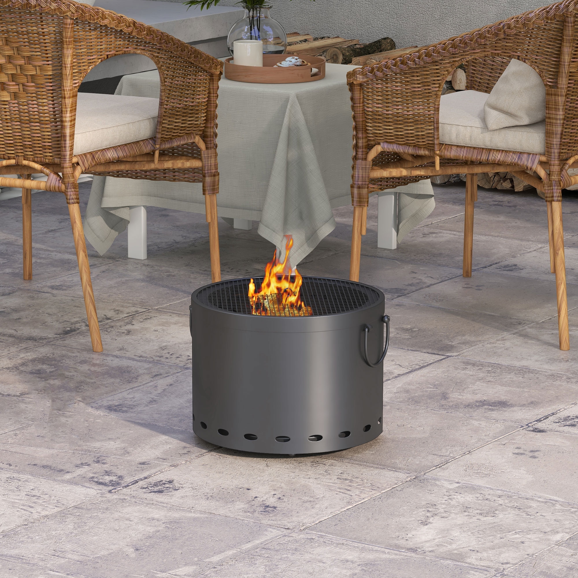 Outsunny Feuerstelle, Ø38cm Rauchfreie Holzfeuerschale mit Griff, Feuerkorb mit Schürhaken und Funkenschutz, Tischfeuer für Garten, Picknick, Metall Dunkelgrau  – Bild 2 von 2