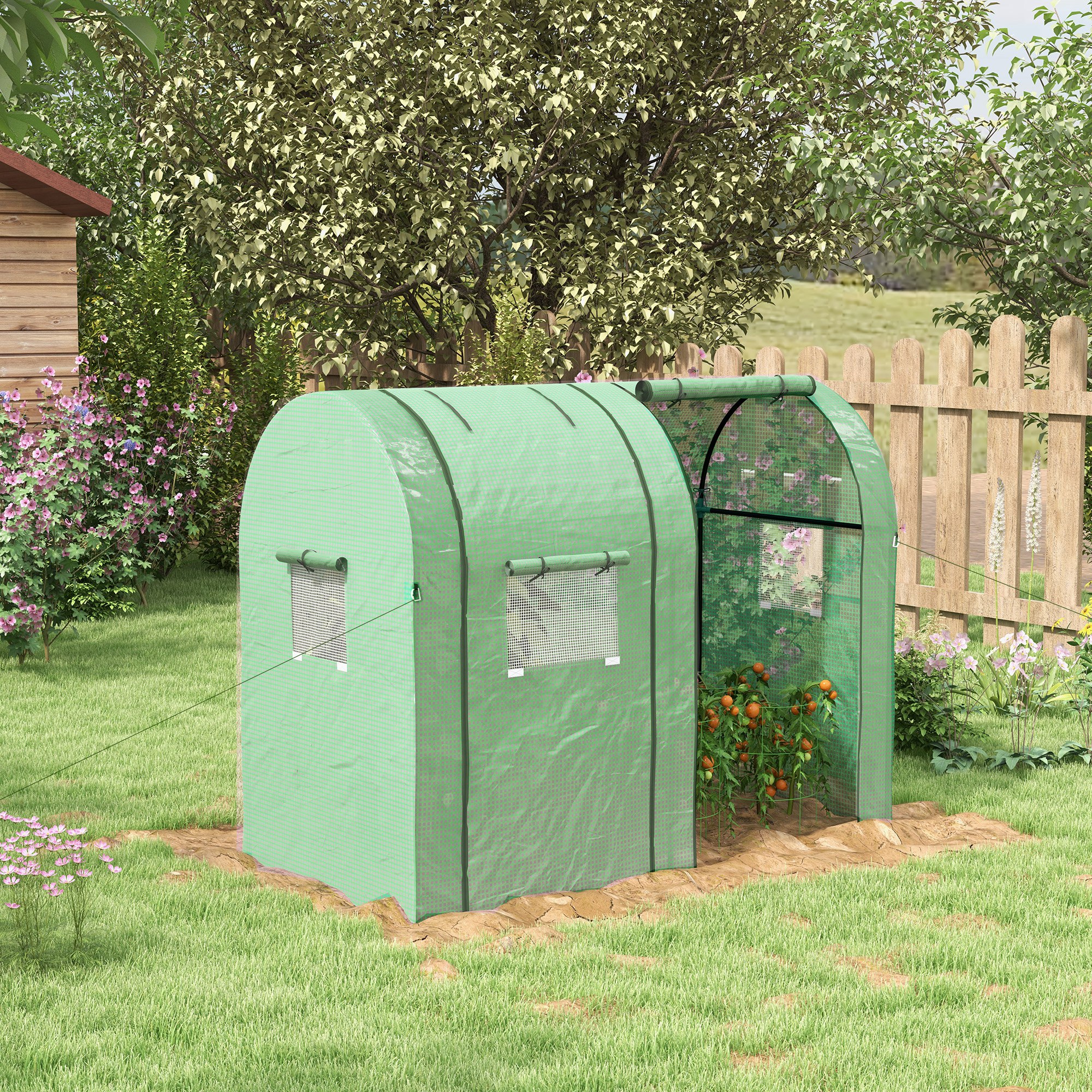 Outsunny Foliengewächshaus 2 Rolltüren winddicht mit Seitenfenster UV-Schutz für Garten Tomatenhaus aus PE in Grün Aosom.de – Bild 2 von 2
